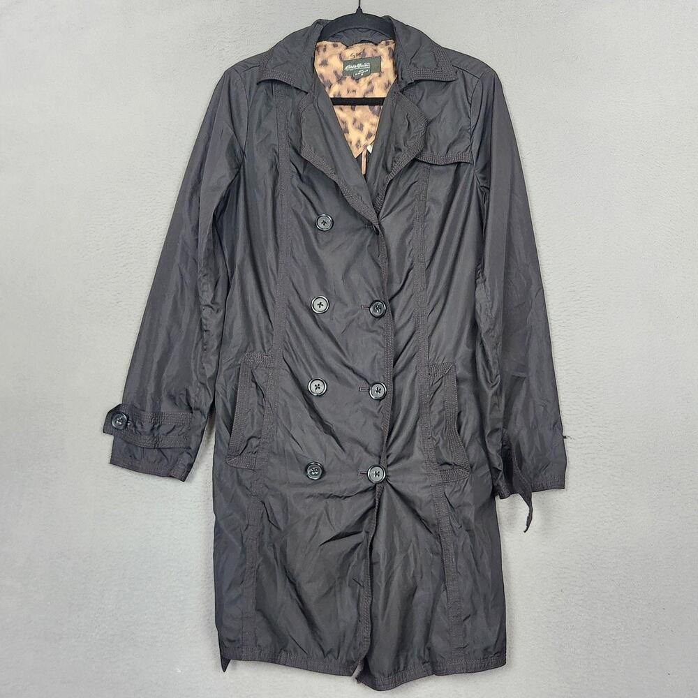 Eddie Bauer Coat Womens Medium Black Belted Trench Leopard Lined Lightweight